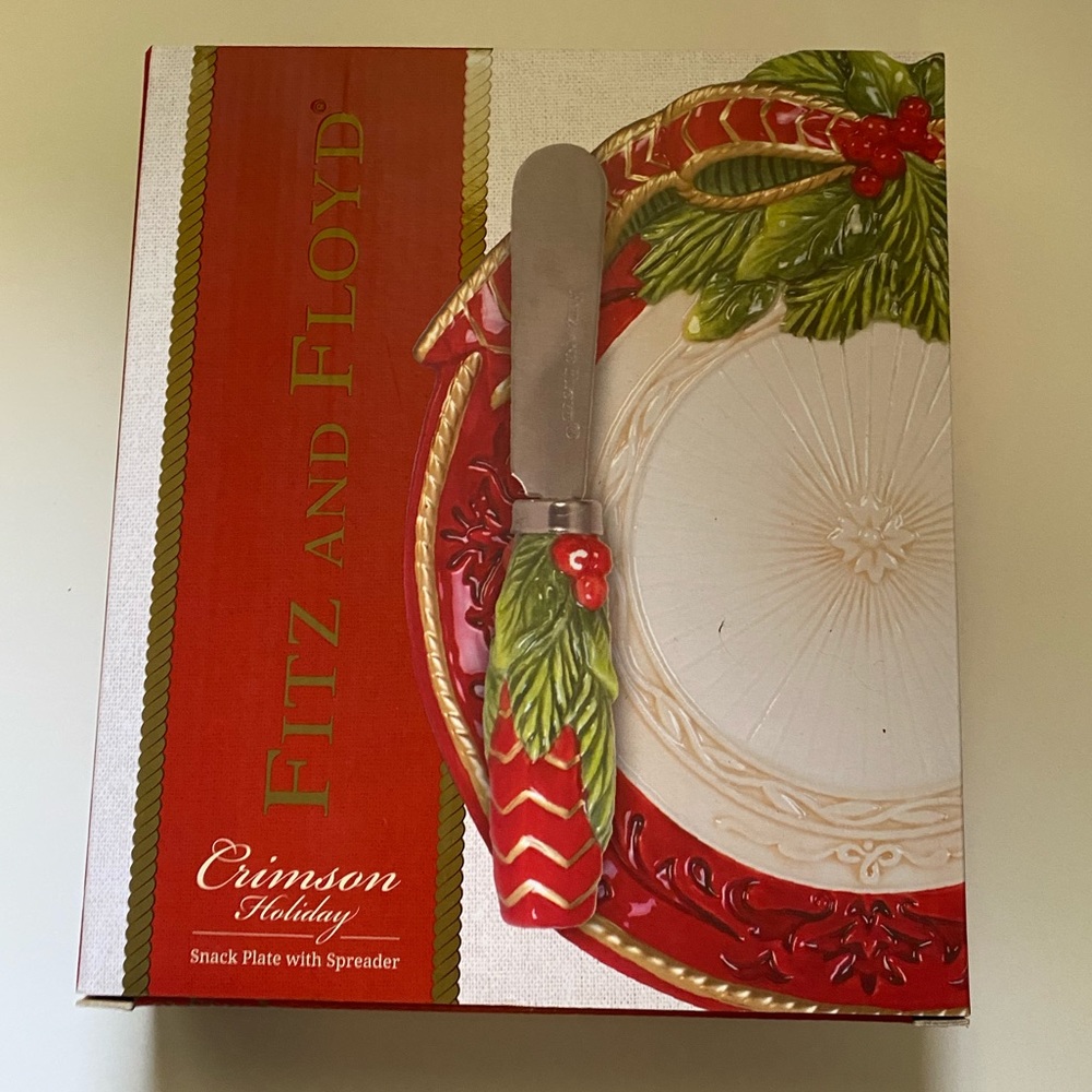 Fitz and Floyd “Crimson Holiday” plate and spreader. Red Green Christmas Pine